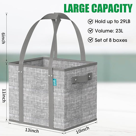 Fab totes Reusable Grocery Bags, Large Foldable Shopping Tote Bags with Reinforced Handles & Hard Bottom,Water Resistant Grocery Bags for kitchen,Picnic,8 Pack, Grey