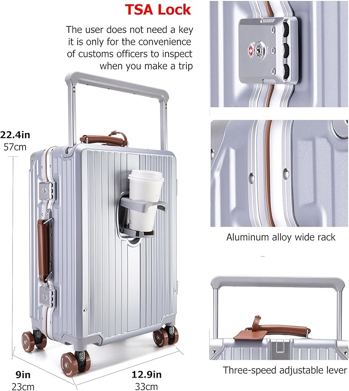 feilario 20" Aluminum Frame Wide Handle Hard Shell Carry On Suitcase - Vivid Colors Double Spinner Wheels Airline Approved Rolling Luggage with TSA Lock & Cup Holder (Silver, 20in)