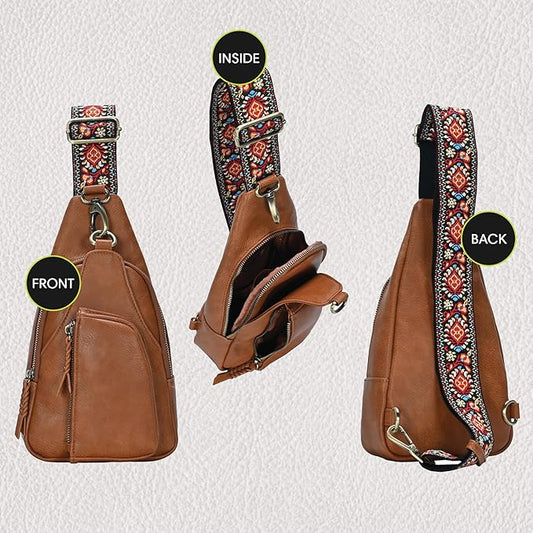 Antik Kraft Tasha Webbing Strap Sling (Tan) | Vegan Leather Crossbody Bag for Women with 16-20" Strap | Sling Bags for Women with Durable Antique Brass Hardware | 7in x 2.5in x 12.5in |