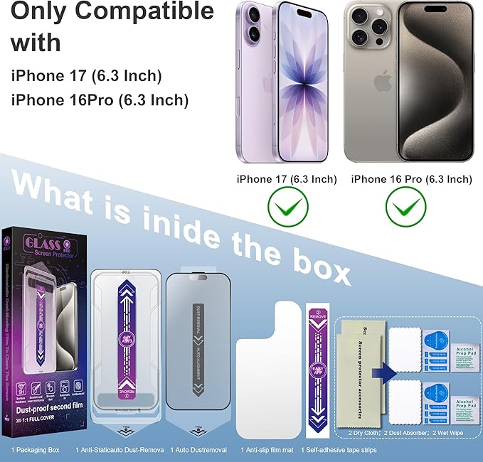 2 Pack Matte Screen Protector for iPhone 17&16 Pro 6.3-Inch Auto Dust Removal, No Bubbles, Tempered Glass Film, Easy Installation