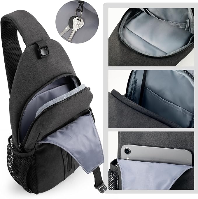 LEDAOU Crossbody Sling Bag for Men Anti-Theft Sling Backpack Cross Body Shoulder Chest Bag Fanny Pack Travel Hiking (Black-Grey)