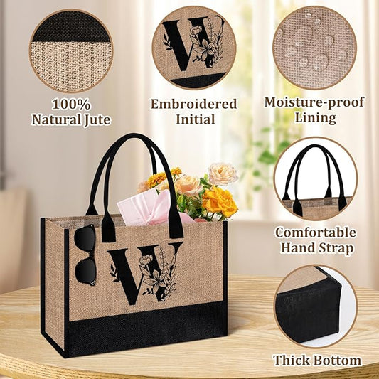 AYGE Personalized Initial Jute Tote Bag & Makeup Bag, Beach Bag, Monogrammed Birthday Gifts for Women Sister Mom Bridesmaid