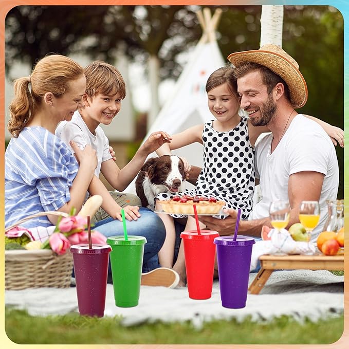 Honeydak 100 Pack Tumbler with Straw and Lid Bulk Glitter Plastic Cups Water Bottle Iced Coffee Travel Mug Reusable Party Favor Cups for Birthdays travel 24-27 oz (Vintage Color)