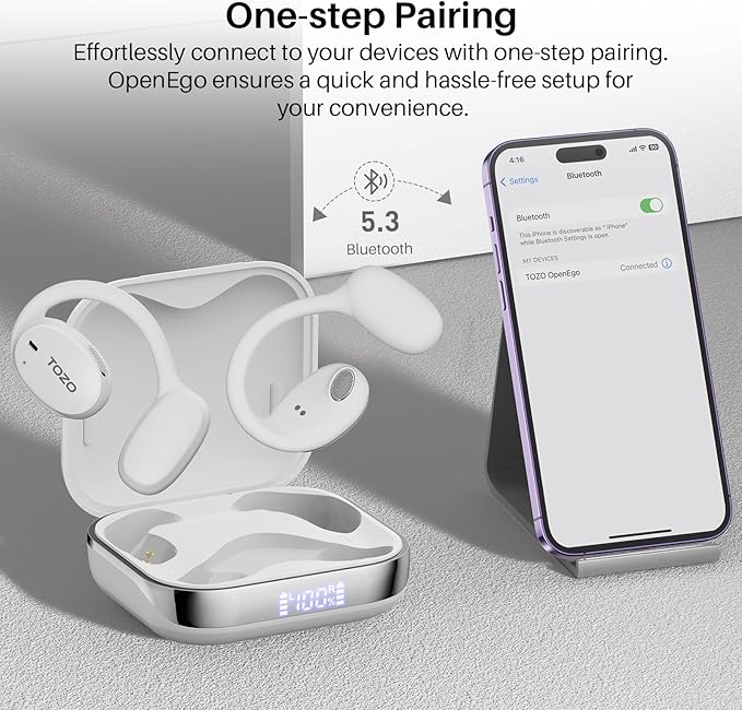 TOZO OpenEgo True Wireless Open Ear Headphone, 5.3 Bluetooth Sport Earbuds with Earhooks for 80H Playback with Digital Display, 32 EQ Modes Dual Mic Clear Call Sweat-Proof for Running, Snow White