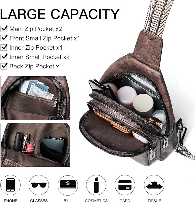 7L Sling Bag for Women Men Crossbody Belt Bag Small Travel Sling Backpack Anti Theft Chest Daypack Purse Faux Leather
