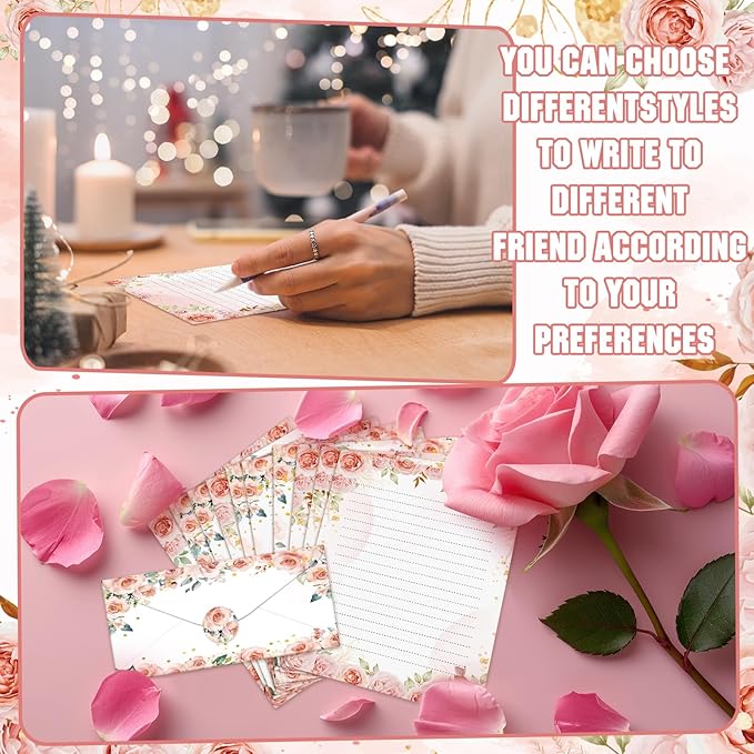 TaoBary 160 Pcs Stationery Paper Set 50 Double Sided Stationery Papers with 50 Matching Envelopes and 60 Round Dot Sticker, 10 Design(Floral,8.5 x 11 Inch)