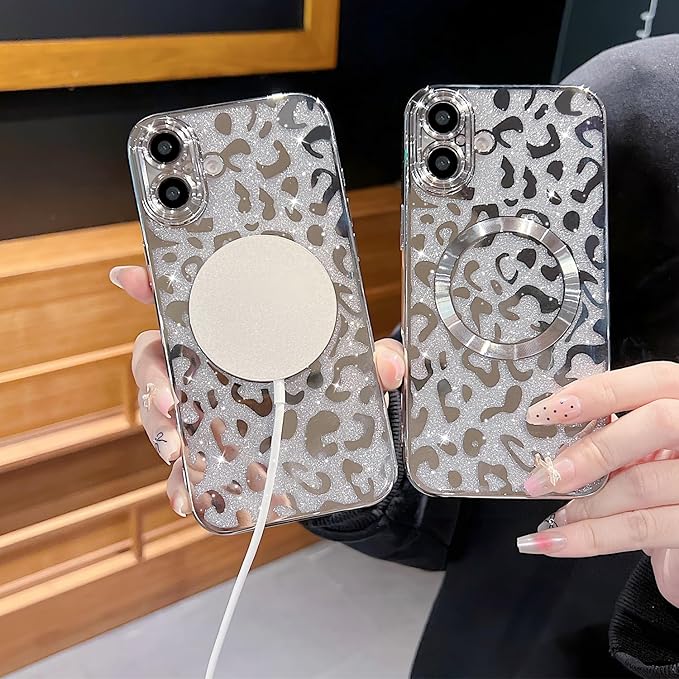 for iPhone 16 Case Magnetic,Soft Cute Luxury Leopard Cheetah Pattern Plating Glitter Bling Phone Case Compatible with MagSafe Clear Shockproof Back Cover for Women Girl 6.1"-Silver