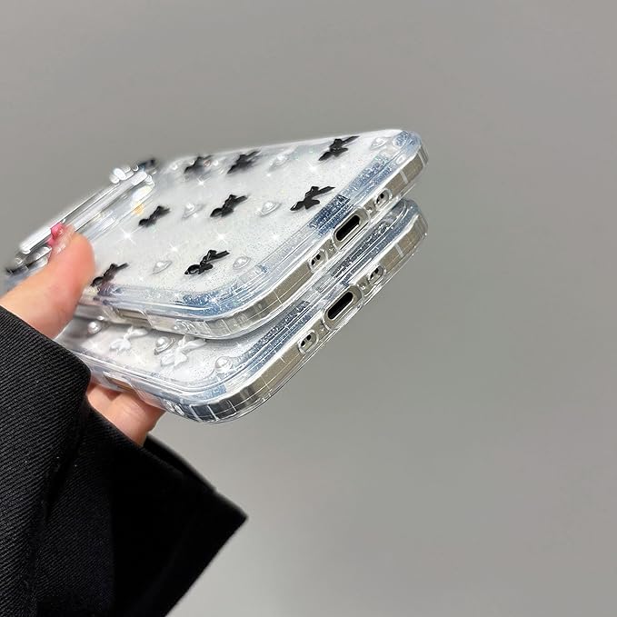 EYZUTAK Case for iPhone Air, Bling Glitter 3D Bowknot Phone Case Cute Sparkly Crystal Clear Bow Aesthetic Design Cover Slim Soft Durable TPU Transparent Protective Cover for Women Girl - Black Bow