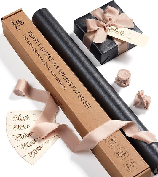 Vitalizart Black Wrapping Paper Set 17" Pearly-Lustre With Silk Like Satin Ribbon & Gift Tags Recyclable Eco-Friendly Christmas Gift Wrapping Birthday Baby Shower Wedding Handmade Crafts 197"(16.4 Ft)
