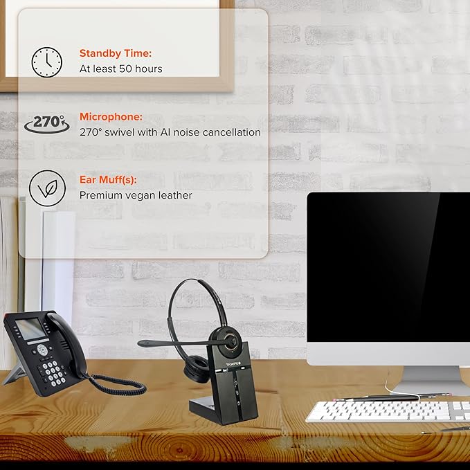 Spracht Wireless Headset - Dual Ear DECT Headset with Mic for Work, 350FT Range, 21 Hour Talk Time, Lightweight, Noise Cancellation, Ideal for Work From Home & Office Workers, Telephone Only HS-2019