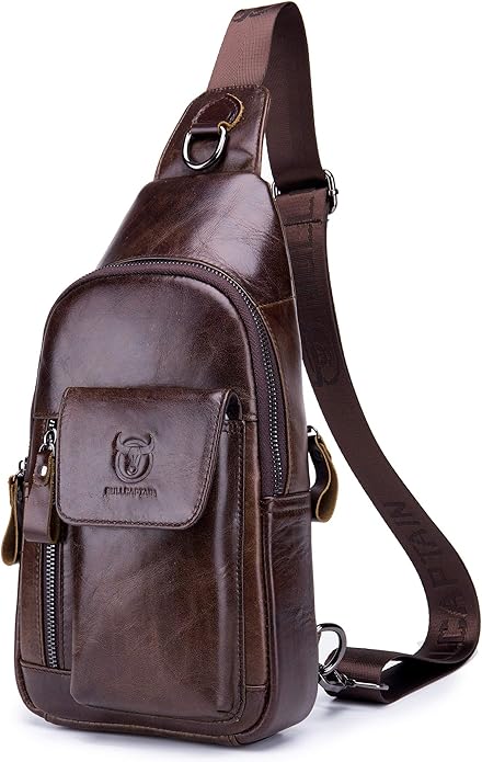 BULLCAPTAIN Genuine Leather Men Sling Bag Travel Crossbody Chest Bag Large Capacity Casual Hiking Daypack