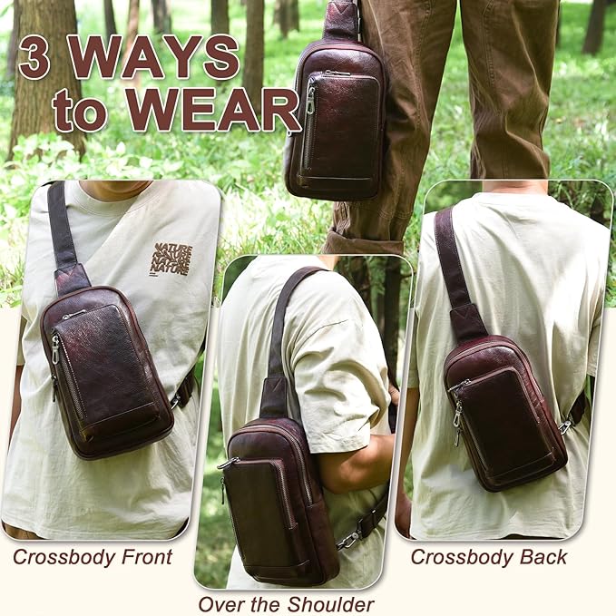 Genuine Leather Sling Bag for Men and Women Crossbody Shoulder Purse Chest Sling Backpack Carry on Casual Daypack