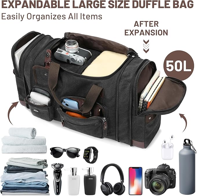 Travel Duffle Bag for Men, Duffle Bag for Travel, Heavy Duty Canvas Duffle, Carryon Bags for Airplanes, Expandable Vintage Overnight Luggage Weekender Bag, Waterproof Anti-tear Travel Bag