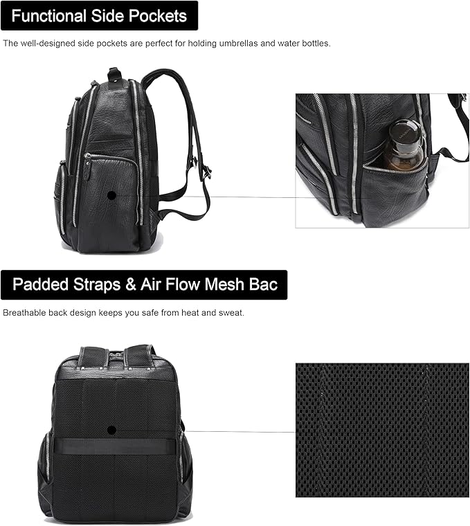 LANNSYNE Men Vinatge Full Grain Leather Backpack Fits 17.3" Laptop, Travel Overnight Daypacks - Black