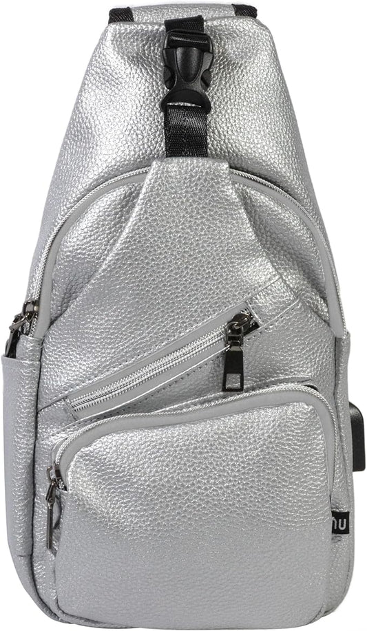 Milan Anti-Theft Daypack Crossbody Sling Backpack, Vegan Leather, USB Charging Connector Port, Lightweight Day Pack for Travel, Hiking, Everyday, Large, Silver