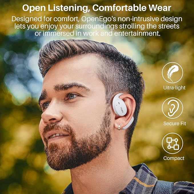 TOZO OpenEgo True Wireless Open Ear Headphone, 5.3 Bluetooth Sport Earbuds with Earhooks for 80H Playback with Digital Display, 32 EQ Modes Dual Mic Clear Call Sweat-Proof for Running, Snow White