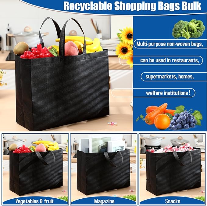 Windyun Reusable Grocery Bags Large Non Woven Shopping Bags with Handles Foldable Portable Tote Bulk, 16x6x12 Inch
