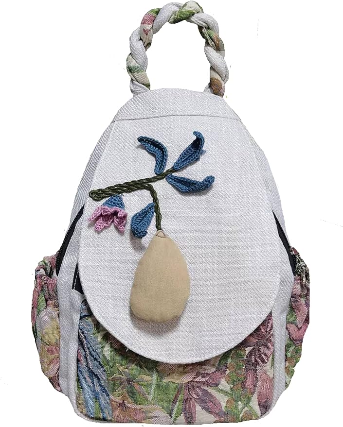 HUANGGUOSHU Women Cotton Woven Bohemian Hemp Boho Canvas Embroidery Multi Pocket Retro Cute Backpack Wallet Backpack Mango