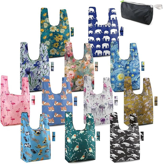 BeeGreen Reusable Grocery Bags Bulk Gifts 12-Pack - Large Tote with Zipper Pouch | Foldable & Washable Polyester Shopping Bags Heavy Duty Animal Lover Gifts Reusable Bag With Handles