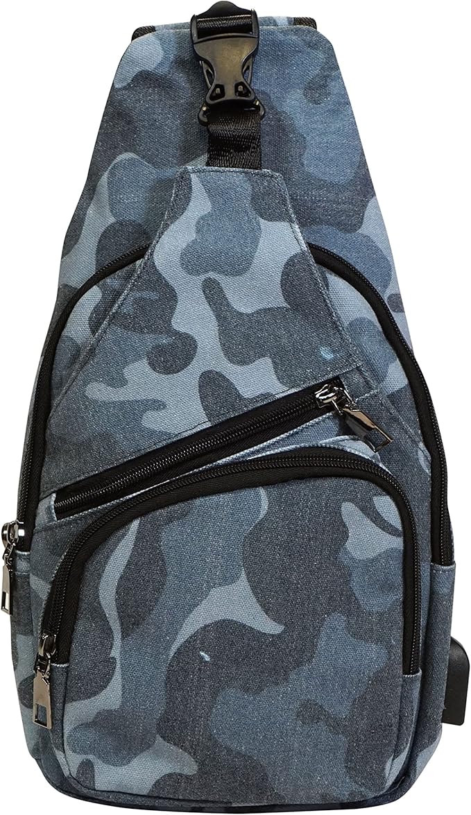 Anti-Theft Daypack Crossbody Sling Backpack, USB Charging Connector Port, Lightweight Day Pack for Travel, Hiking, Everyday, Large, Vintage Blue Camo