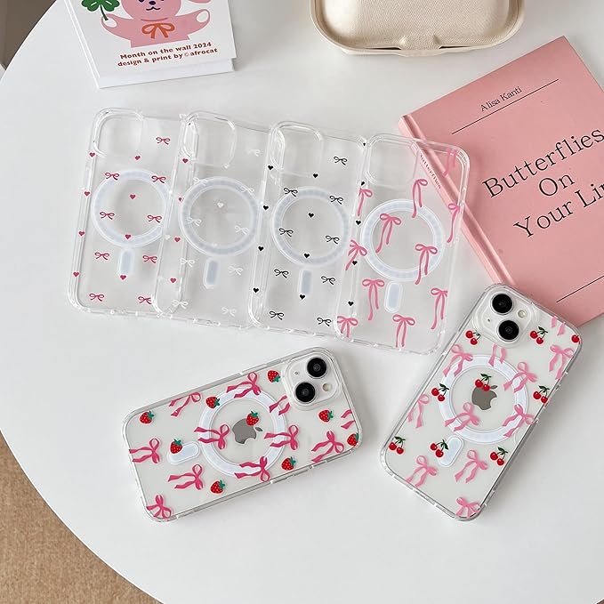 ZTOFERA for iPhone 15 Magnetic Case Clear,Cute Love Heart Ribbon Bow Tie Aesthetic Phone Case,Transparent Trendy Slim Soft Shockproof Protective Phone Cover for Women Girls,Rose Pink