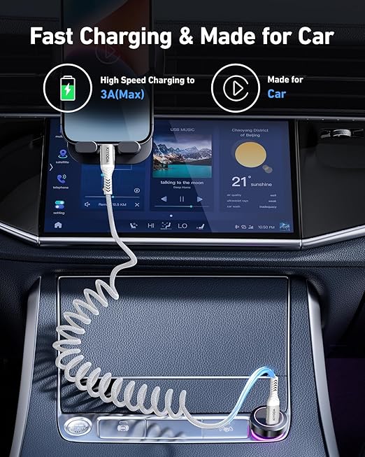 Coiled USB C to C Cable 3ft+6ft, Coiled USB C Cable for Car, Braided Type C Charger 66W Fast Charging Cord Compatible with iPhone 17 16 15, iPad, Samsung Galaxy, Google Pixel, Moto, LG Phones-Silver