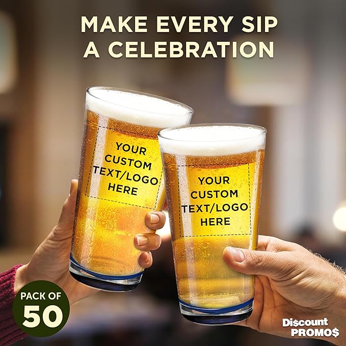 Custom Casale Pint Glass 16 oz. Set of 50, Personalized Bulk Pack - Beer Glasses, Heavy Duty Drinkware - Blue