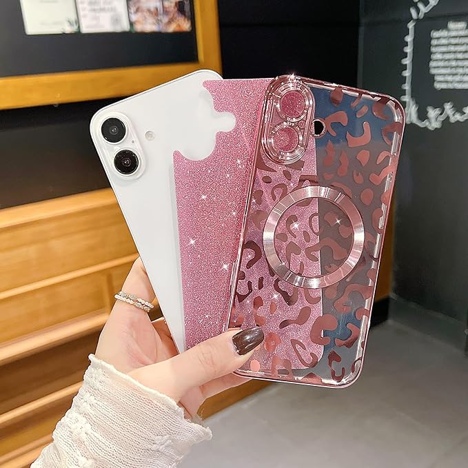 for iPhone 16 Case Magnetic,Soft Cute Luxury Leopard Cheetah Pattern Plating Glitter Bling Phone Case Compatible with MagSafe Clear Shockproof Back Cover for Women Girl 6.1"-Pink