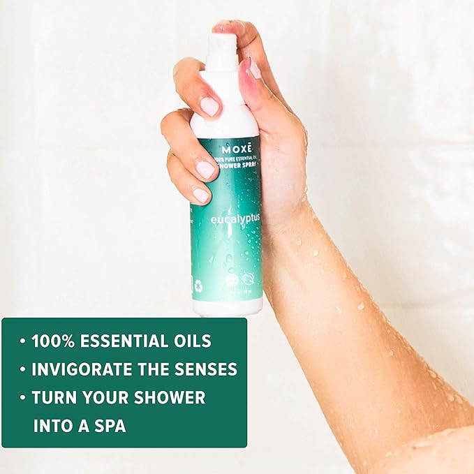MOXE Eucalyptus Oil Shower Mist, Spa Steam Spray, Certified Natural 100% Essential Oils, Made in USA, Aromatherapy, Sinus Congestion Relief, Tension Relief (8oz)