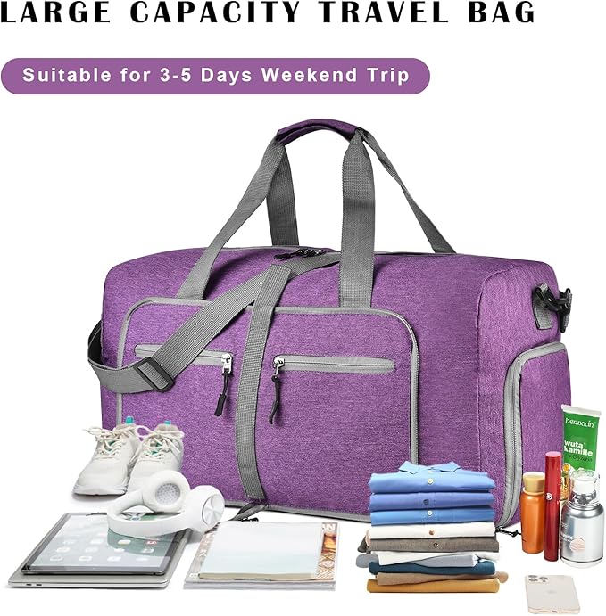 Dimayar 85L Travel Duffle Bag for Men Women - Foldable Duffel Bag with Shoes Compartment - Overnight Bags Waterproof & Tear Resistant(Purple)