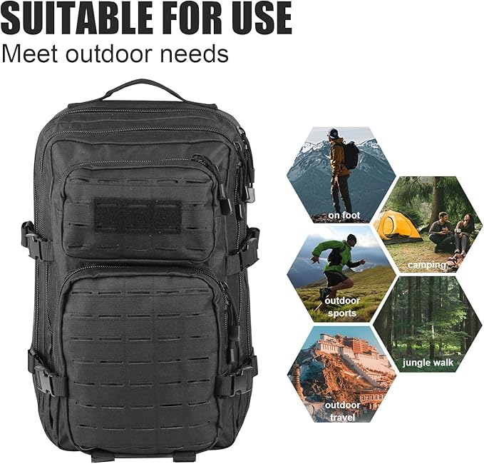 40L Tactical Backpack, Camouflage Military Bug Out Bag, Durable MOLLE Hiking Camping Gear (BLACK)