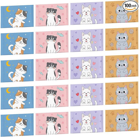 PerKoop 100 Pack Pocket Tissues Travel Slim Packs Small Facial Tissues Wallet Size Toilet Paper for Travel Guest Wedding Supplies, 4 Styles(Cat)