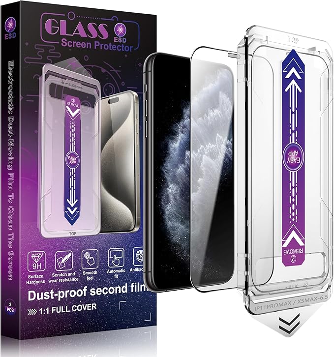 2 Pack Screen Protector Tempered Glass for iPhone 11 Pro Max and iPhone Xs Max 6.5-Inch Auto Dust Removal, No Bubbles, High Definition Clear, Easy Installation