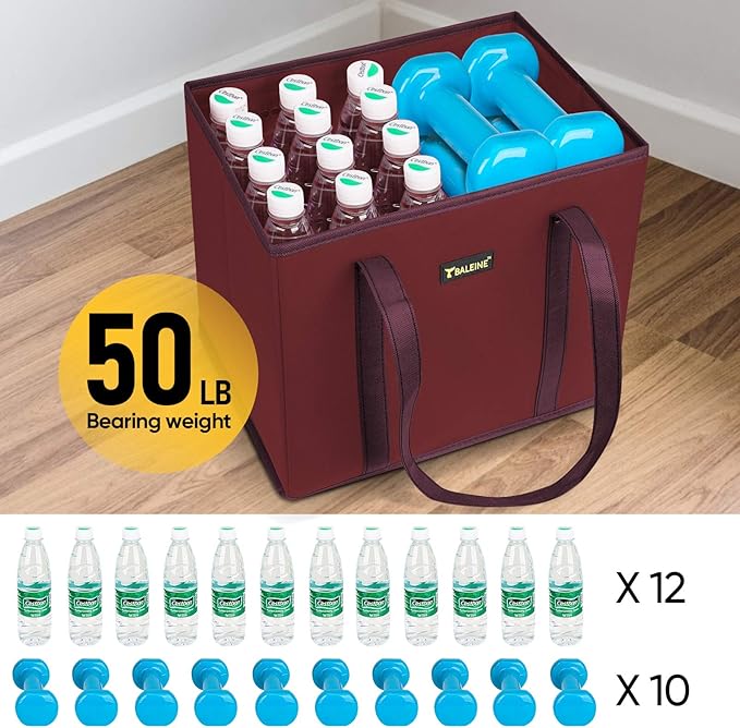 BALEINE 3Pk Reusable Grocery Bags, Foldable Shopping Bags for Groceries with Reinforced Bottom & Handles (Red)