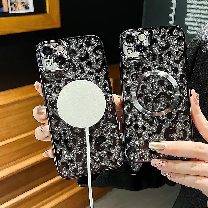 for iPhone 15 Plus Case Magnetic,Soft Cute Luxury Leopard Cheetah Pattern Plating Glitter Bling Phone Case Compatible with MagSafe Clear Shockproof Back Cover for Women Girl 6.7"-Black