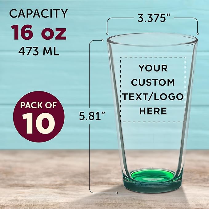 Custom Arc Pint Glass 16 oz. Set of 10, Personalized Bulk Pack - Beer Glasses, Heavy Duty Drinkware - Green