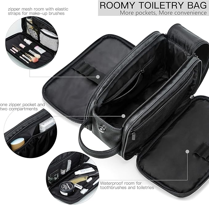 Elviros Travel Toiletry Bag for Men, Shaving Dopp Kit Water-resistant Bathroom Small Toiletries Organizer PU Leather Cosmetic Bags