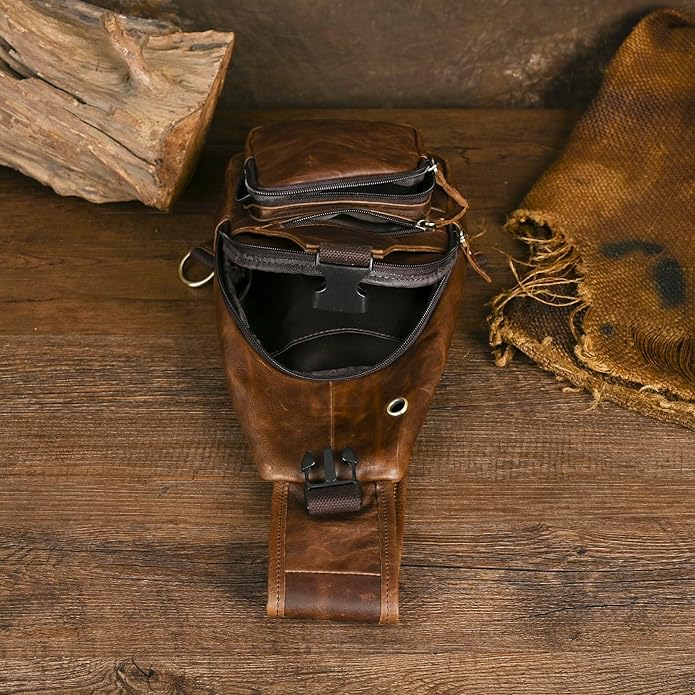 Le'aokuu Men Fashion Casual Tea Designer Travel Hiking Crossbody Chest Sling Bag Rig One Shoulder Strap Bag Men Leather 8015