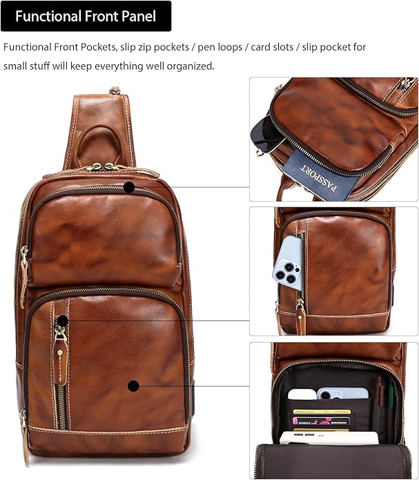 LANNSYNE Full Grain Leather Sling Bag For Men Crossbody Chest Daypack fits 10.5" iPad