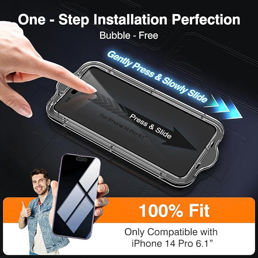 EZ-GLAZ-4+2 Pack for iPhone 14 Pro Privacy Screen Protector[6.1 inches] With Camera Lens Protector, [Drop Protection] 9H Hardness Full Coverage Anti-Spy Tempered Glass Film, Easy to install