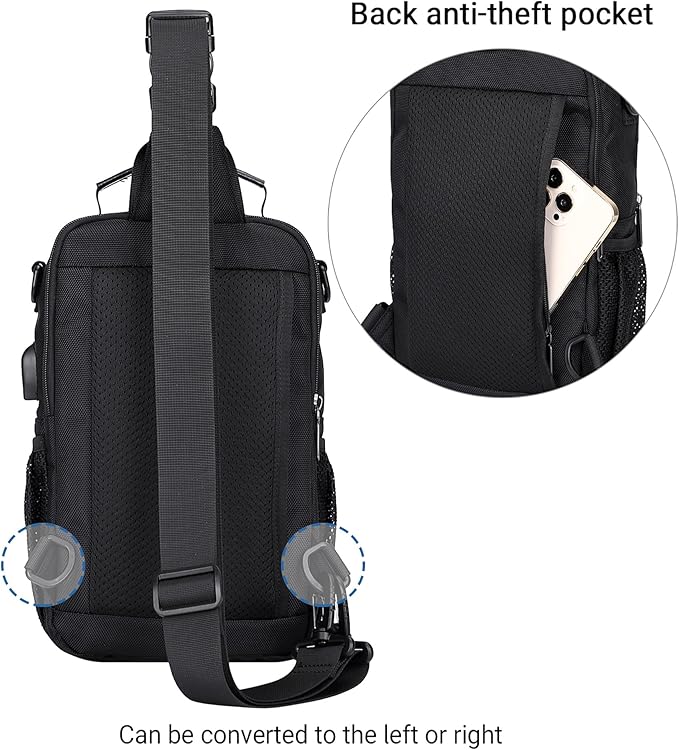 WITZMAN Sling Bag for Men Convertible Travel Sling Backpack USB Charging Port Lightweight Crossbody Bags Casual Daypack（B698 Black）
