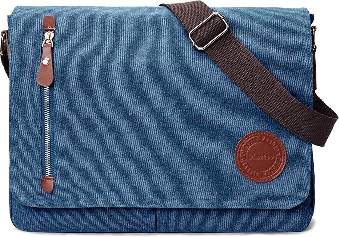 Vintage Canvas Satchel Messenger Bag for Men Women,Travel Shoulder bag 13.5" Laptop Bags Bookbag (Blue)