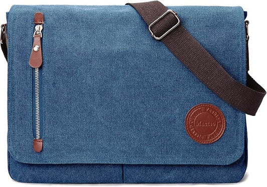Vintage Canvas Satchel Messenger Bag for Men Women,Travel Shoulder bag 13.5" Laptop Bags Bookbag (Blue)