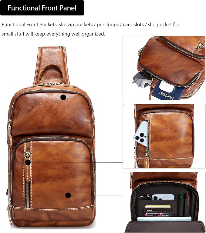 LANNSYNE Full Grain Leather Sling Bag For Men, Crossbody Bag fits 12.9" iPad Crossbody Chest Daypack