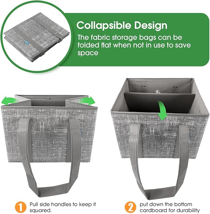 Fab totes Reusable Grocery Bags, Large Foldable Shopping Tote Bags with Reinforced Handles & Hard Bottom,Water Resistant Grocery Bags for kitchen,Picnic,2 Pack, Grey