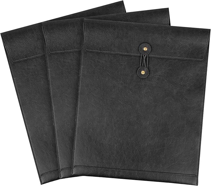 Black PU Leather File Folder for Documents,Important Document Folder with String Tie,Laptop Sleeve Notebook Case,Leather File Organizer, A4 Envelopes Filing Folder 3PCS
