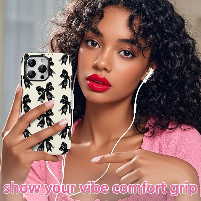 QLTYPRI Case for iPhone 14 Pro, Aesthetic Black Ribbon Bow Phone Case for Girls Women, Protective Hybrid 2-Layer Hard Shell Silicone Cover Durable Shockproof Phone Cover - Beige