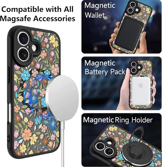 KANGHAR Case Compatible with iPhone 16 Flower Pattern [Compatible with Magsafe] Cute Colorful Blooming Florals Protective Magnetic Case for Girls Women 6.1"