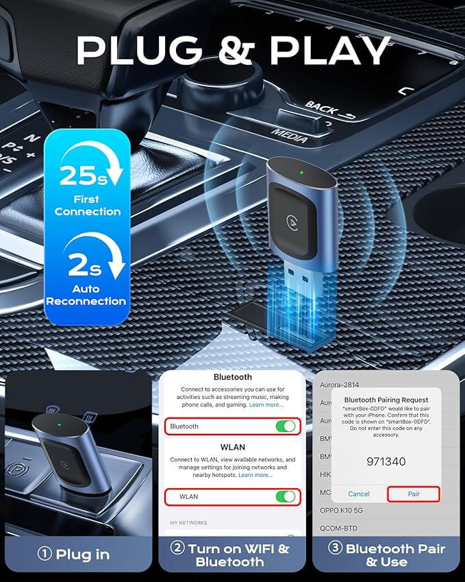 AuroraLink Wireless Carplay & Android Auto Adapter 2-in-1 Stable & No Delay Carplay Wireless Adapter Convert Wired to Wireless Car Play Dongle for iOS 10+/Android 11+ (Blue)