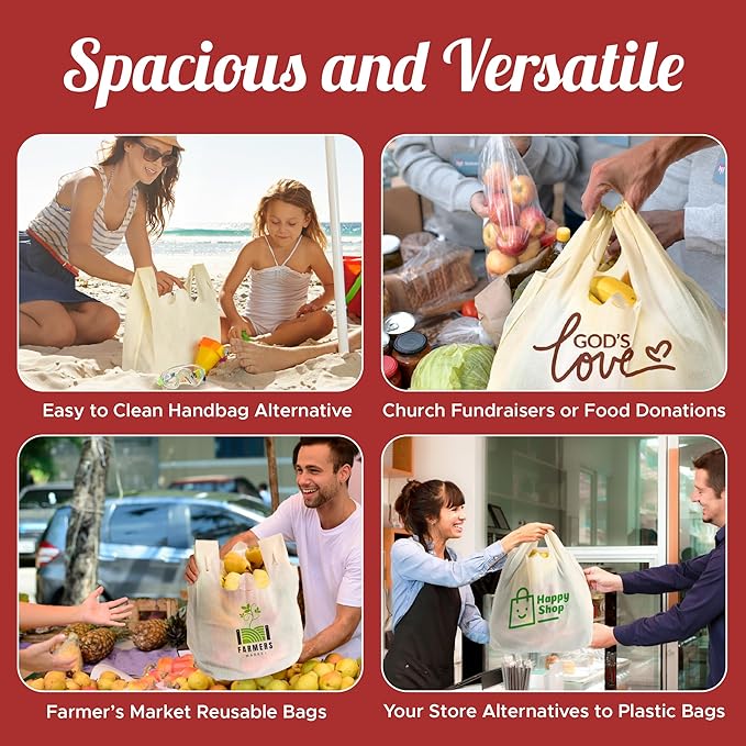 Simply Cool 50 Pack Reusable Eco-Friendly Grocery T-Shirt Shopping Bags 21.5”x12.2”x7.2”, Durable, Recyclable Shopping Bags Washable, Foldable, Portable Tote Bags Bulk